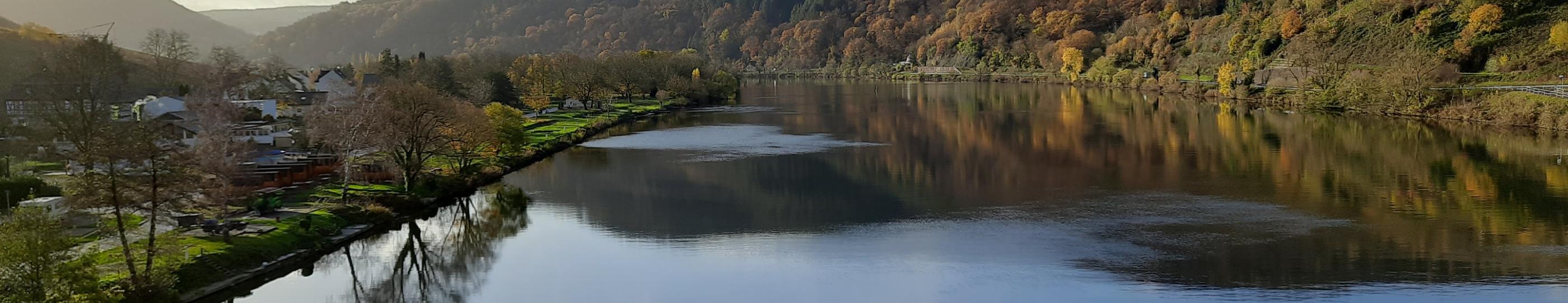 Blick auf die Mosel. Rechts und links sieht man Landschaft. Der Himmel ist blau mit ein paar Wölkchen, die sich im Wasser spiegeln