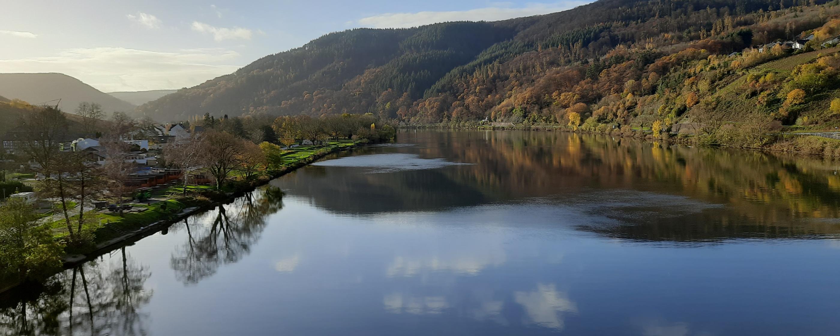 Blick auf die Mosel. Rechts und links sieht man Landschaft. Der Himmel ist blau mit ein paar Wölkchen, die sich im Wasser spiegeln