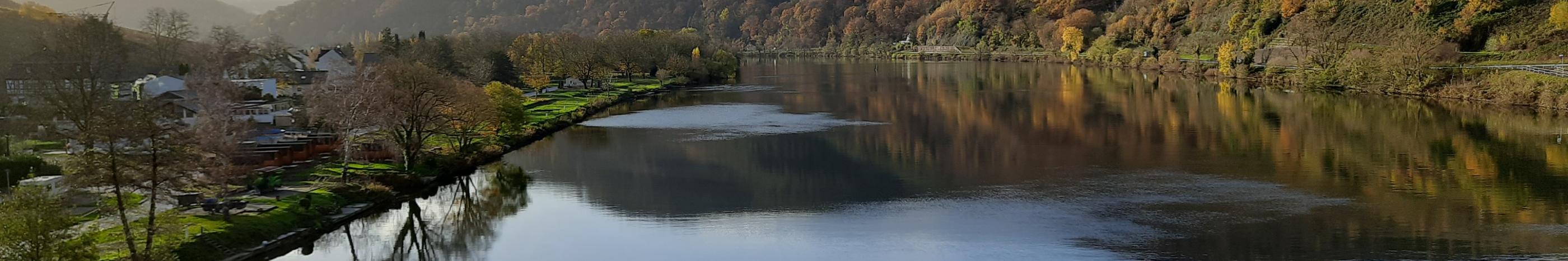 Blick auf die Mosel. Rechts und links sieht man Landschaft. Der Himmel ist blau mit ein paar Wölkchen, die sich im Wasser spiegeln