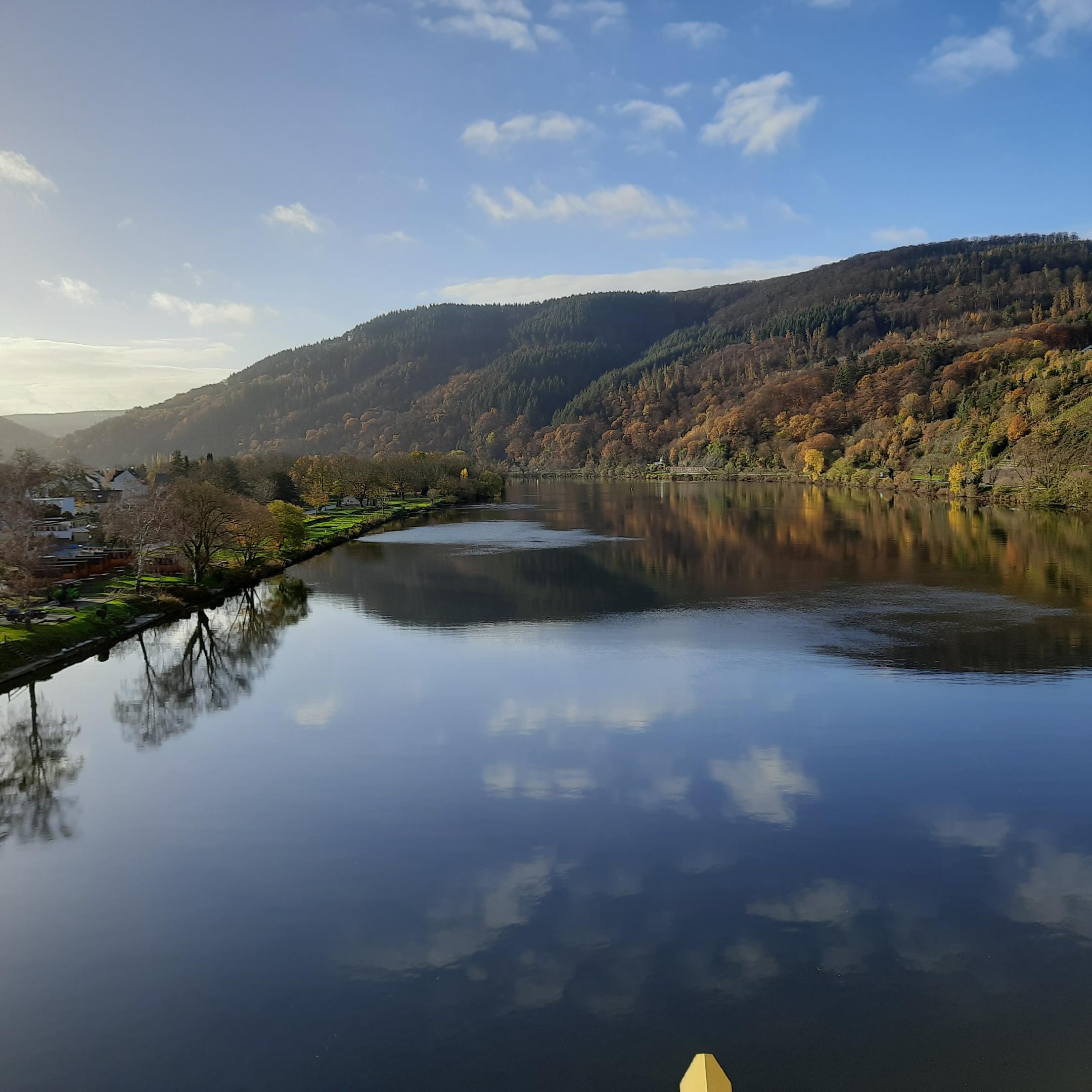 Blick auf die Mosel. Rechts und links sieht man Landschaft. Der Himmel ist blau mit ein paar Wölkchen, die sich im Wasser spiegeln