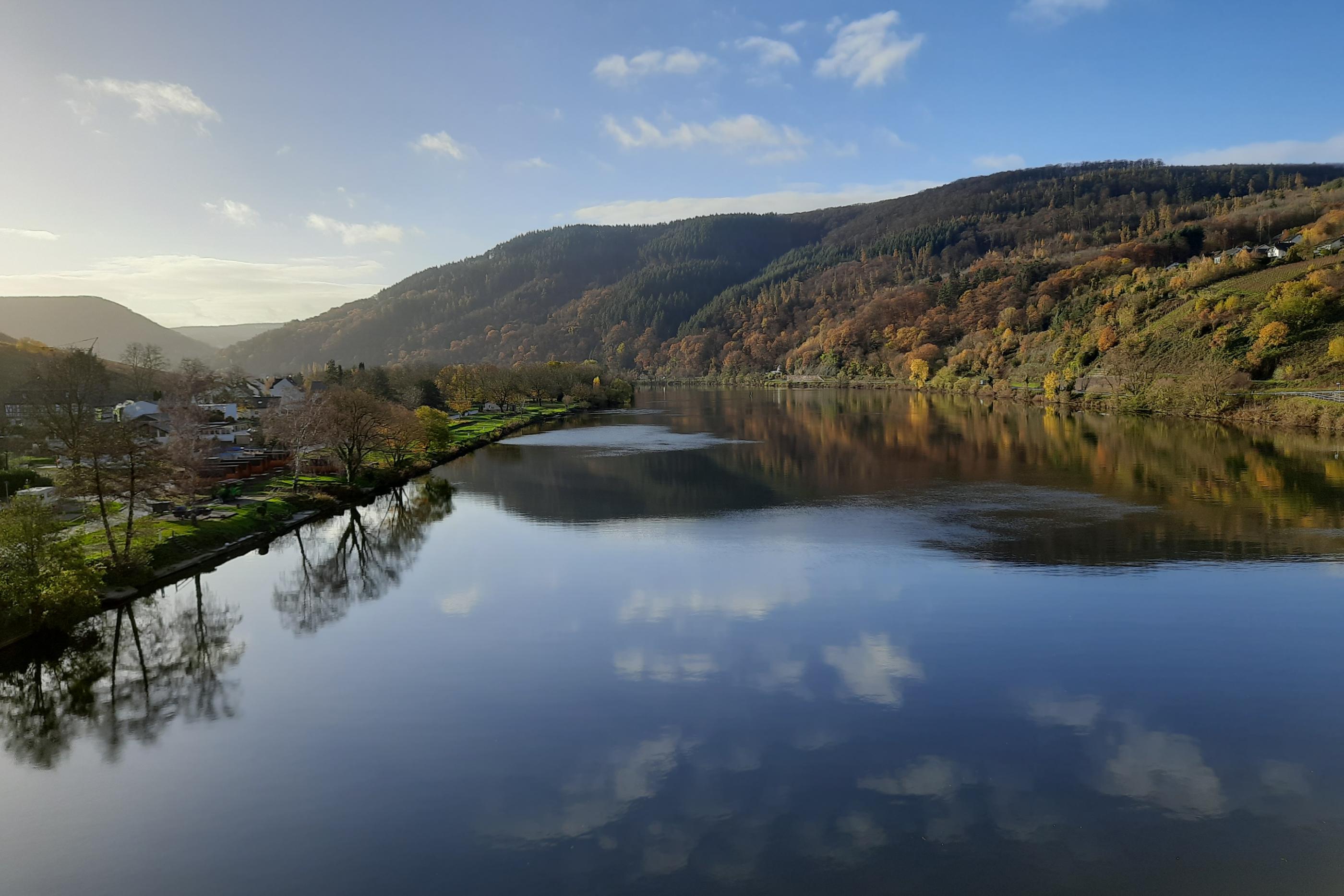 Blick auf die Mosel. Rechts und links sieht man Landschaft. Der Himmel ist blau mit ein paar Wölkchen, die sich im Wasser spiegeln