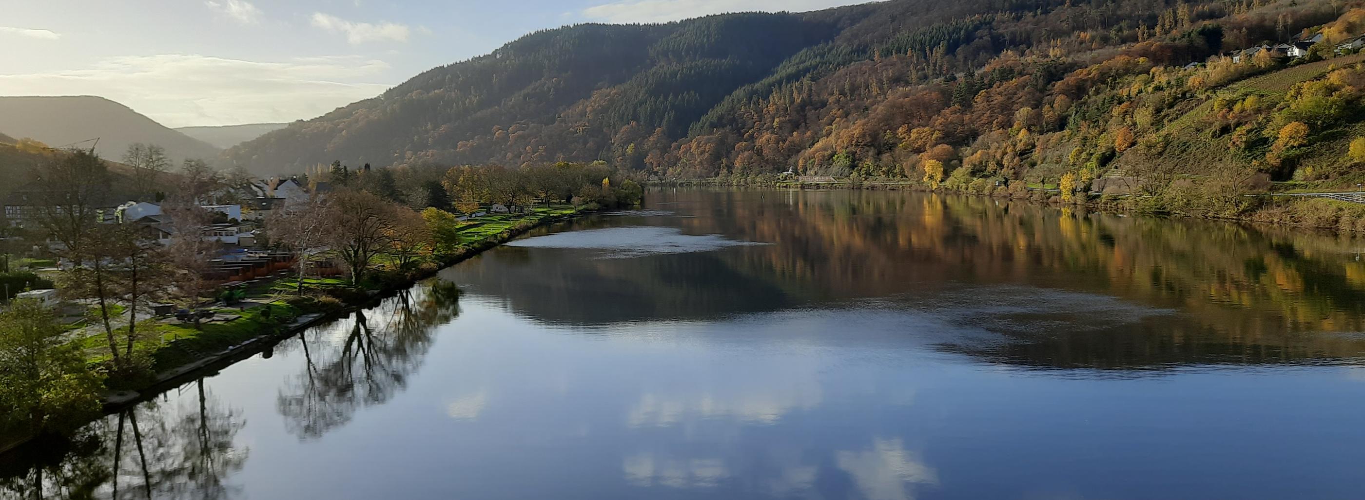 Blick auf die Mosel. Rechts und links sieht man Landschaft. Der Himmel ist blau mit ein paar Wölkchen, die sich im Wasser spiegeln