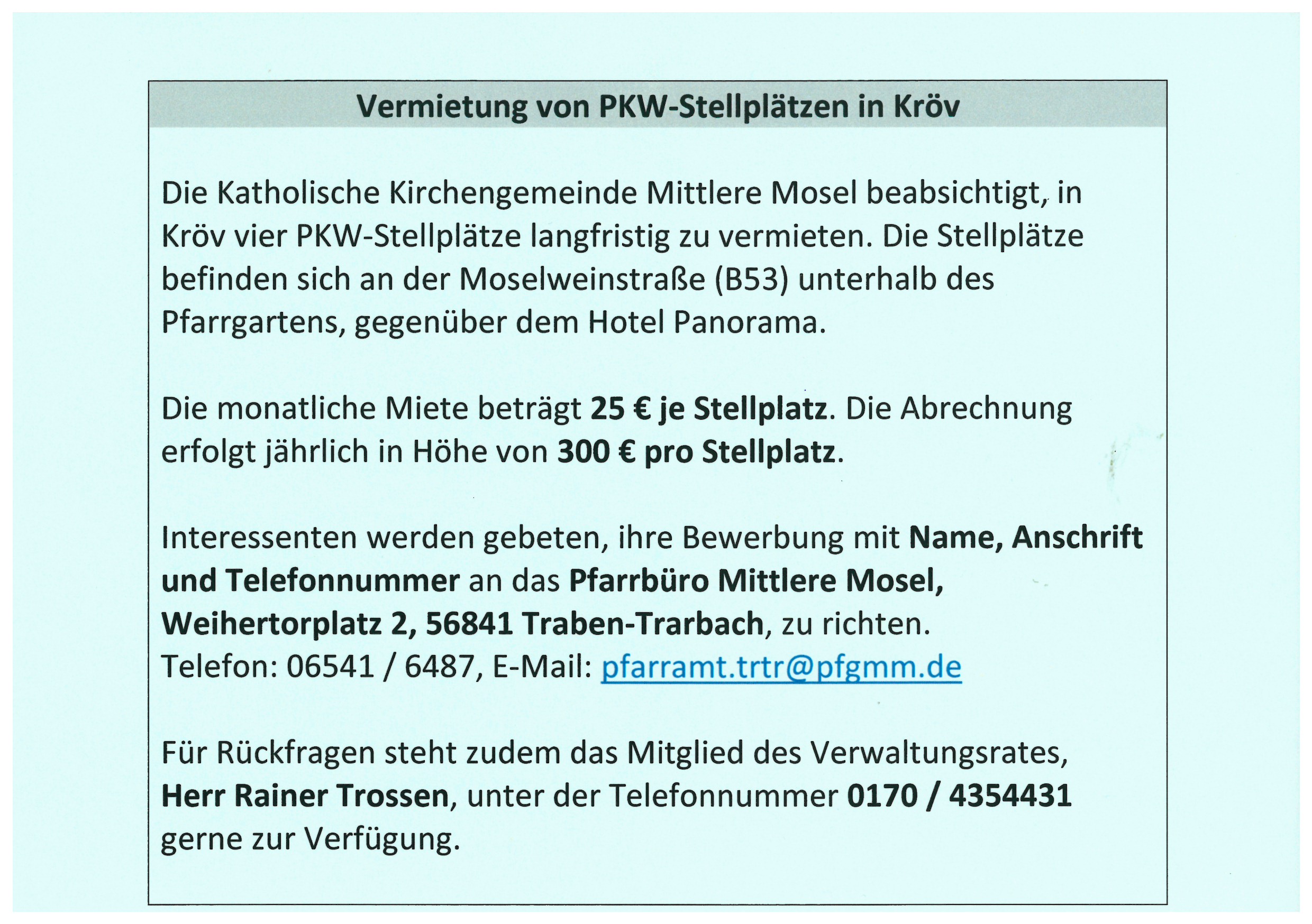 Parkplätze (c) Pfarrbüro Mittlere Mosel Parkplätze